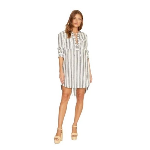 Sanctuary Dresses & Skirts - Sanctuary Staycation Twilight Hi-Low Vertical Stripe Pocket Linen Blend Dress, M